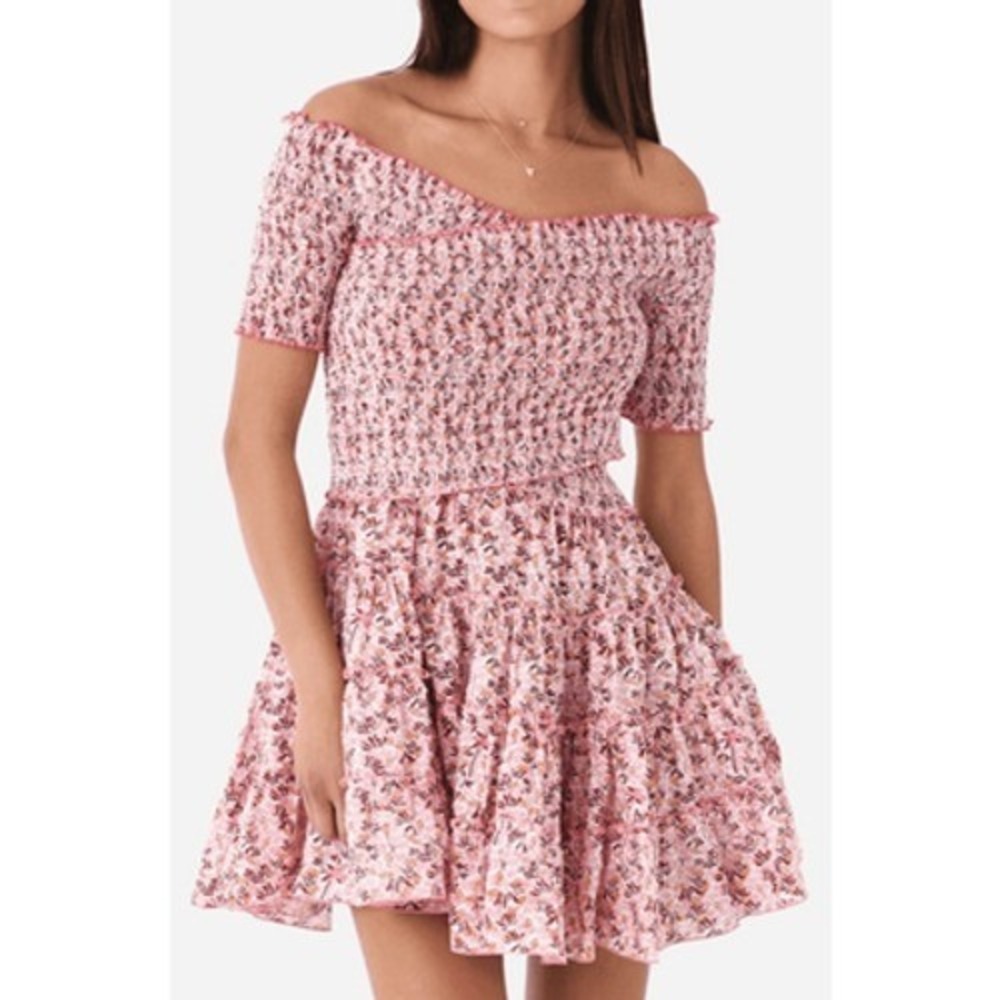 Poupette St Barth Pink Floral Smocked One Shoulder Mini Dress XS NEW
